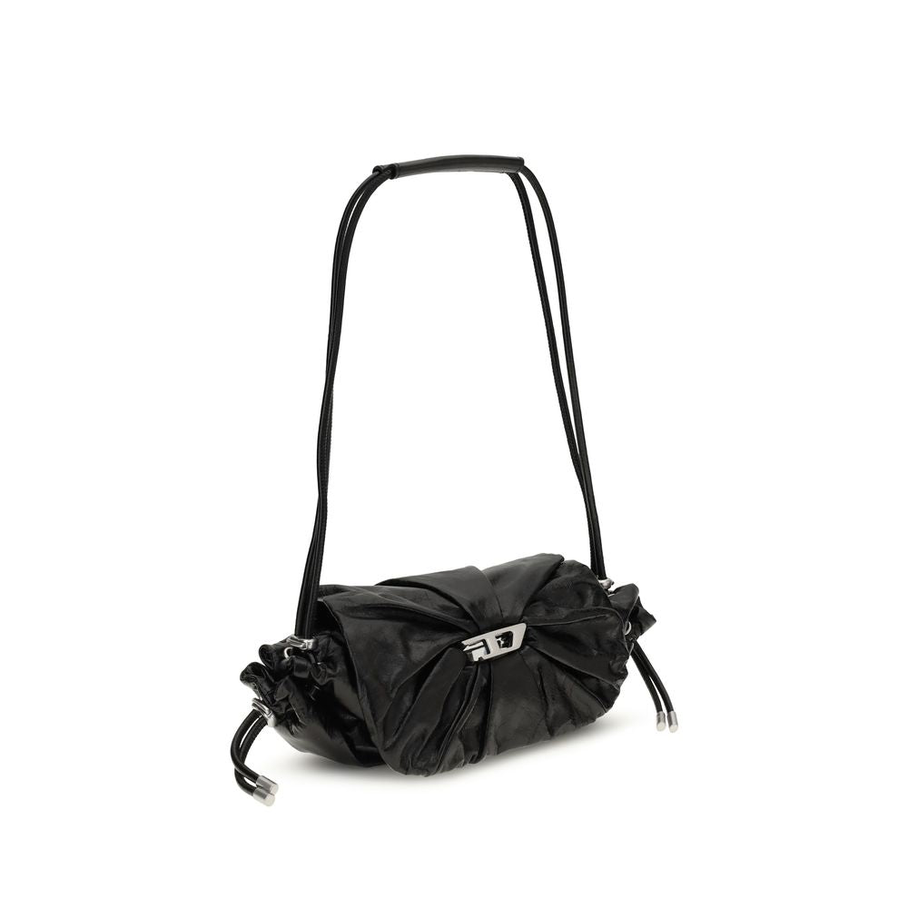 Black Calf Leather Bos Taurus Shoulder BagThe Scrunch-D Shoulder Bag by Diesel is a modern and practical accessory. Featuring two round handles, it offers a front closure with a magnetic flap for easy access to its contents. The brand’s iconic appliquéd l