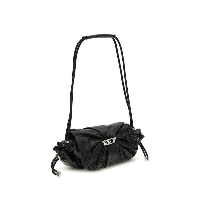 Black Calf Leather Bos Taurus Shoulder BagThe Scrunch-D Shoulder Bag by Diesel is a modern and practical accessory. Featuring two round handles, it offers a front closure with a magnetic flap for easy access to its contents. The brand’s iconic appliquéd l