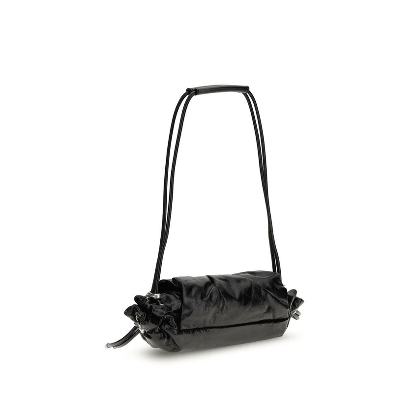 Black Calf Leather Bos Taurus Shoulder BagThe Scrunch-D Shoulder Bag by Diesel is a modern and practical accessory. Featuring two round handles, it offers a front closure with a magnetic flap for easy access to its contents. The brand’s iconic appliquéd l