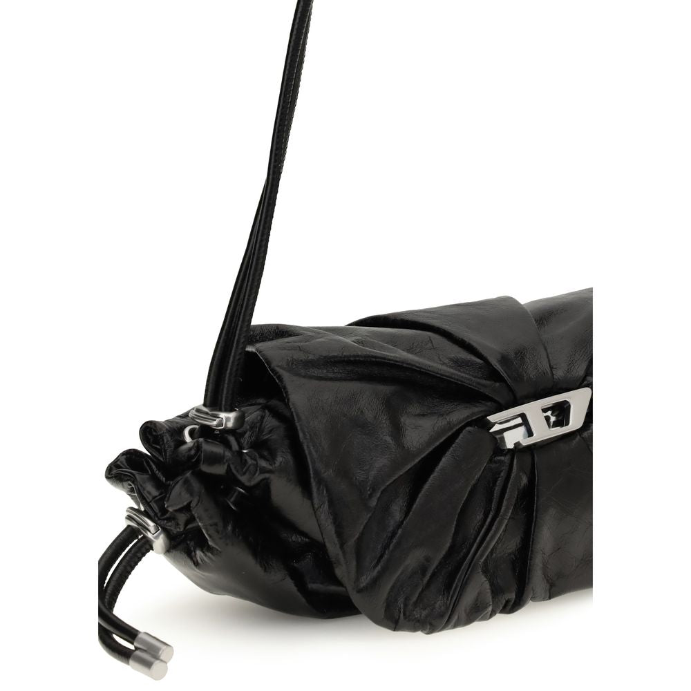 Black Calf Leather Bos Taurus Shoulder BagThe Scrunch-D Shoulder Bag by Diesel is a modern and practical accessory. Featuring two round handles, it offers a front closure with a magnetic flap for easy access to its contents. The brand’s iconic appliquéd l
