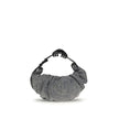 Silver Cotton Shoulder BagThe Grab-D Shoulder Bag by Diesel features a ruched silhouette made of black-wash denim embellished with reflective crystals that add a luminous touch. The belt handle with a hair clip is the distinctive detail that adds personal