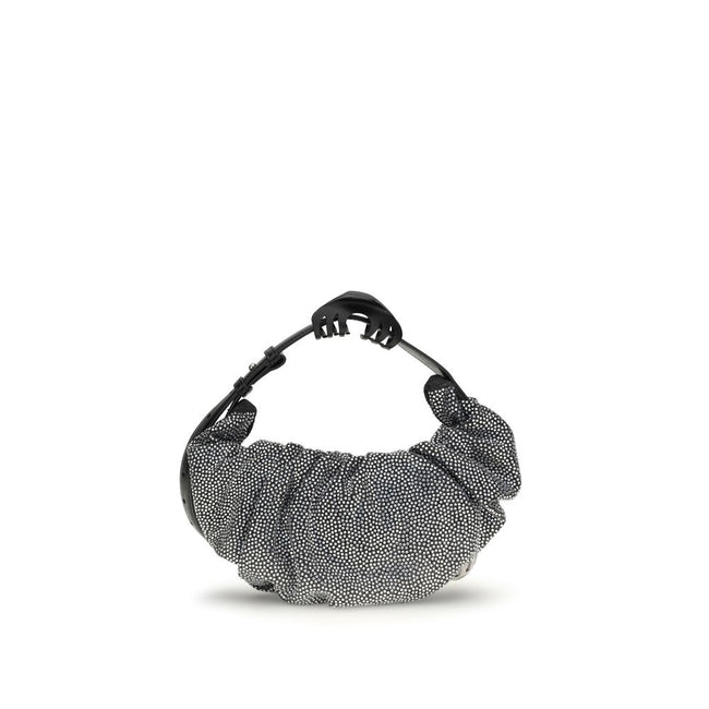 Silver Cotton Shoulder BagThe Grab-D Shoulder Bag by Diesel features a ruched silhouette made of black-wash denim embellished with reflective crystals that add a luminous touch. The belt handle with a hair clip is the distinctive detail that adds personal