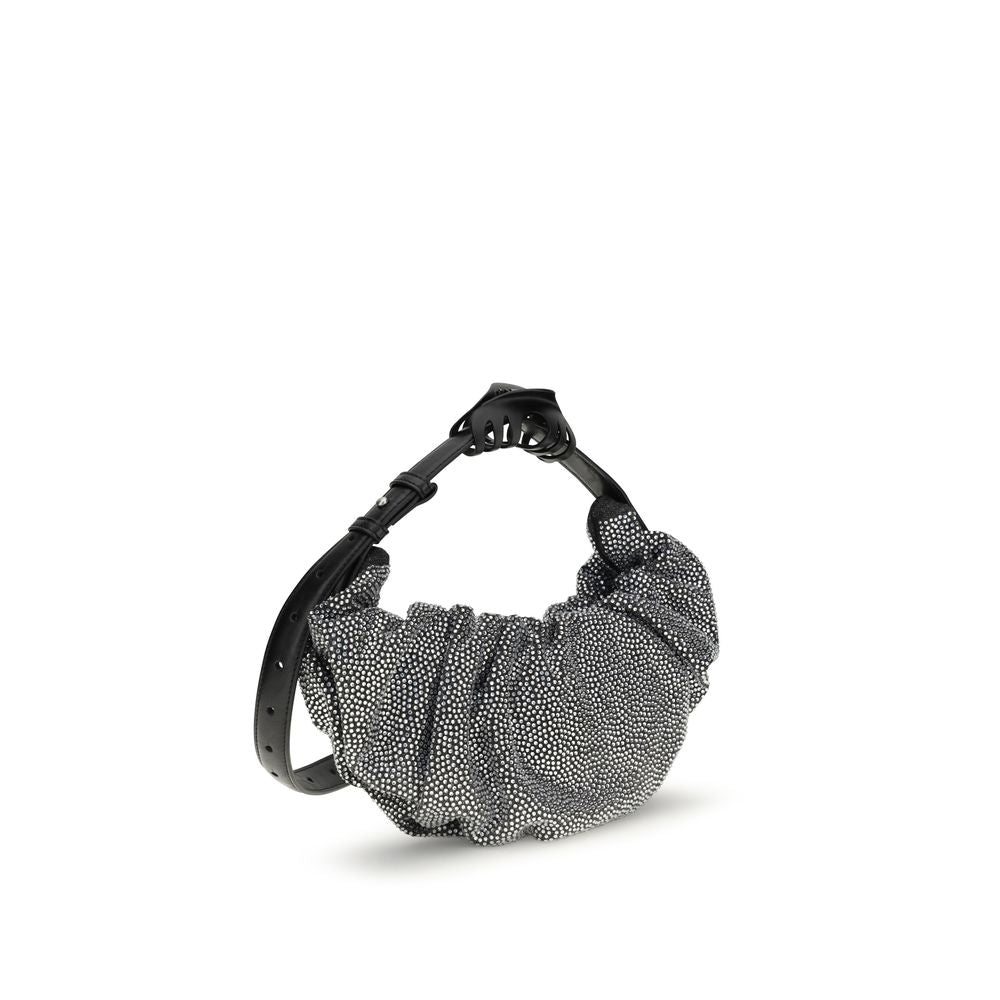 Silver Cotton Shoulder BagThe Grab-D Shoulder Bag by Diesel features a ruched silhouette made of black-wash denim embellished with reflective crystals that add a luminous touch. The belt handle with a hair clip is the distinctive detail that adds personal