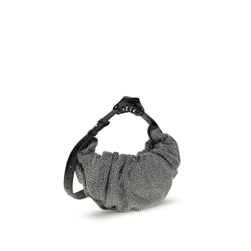 Silver Cotton Shoulder BagThe Grab-D Shoulder Bag by Diesel features a ruched silhouette made of black-wash denim embellished with reflective crystals that add a luminous touch. The belt handle with a hair clip is the distinctive detail that adds personal