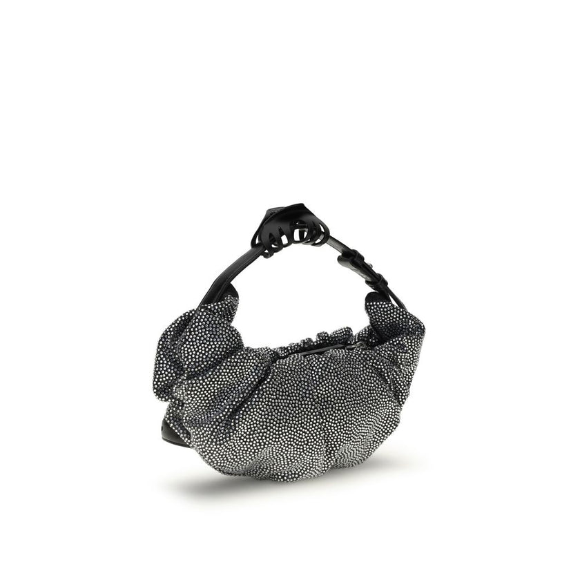 Silver Cotton Shoulder BagThe Grab-D Shoulder Bag by Diesel features a ruched silhouette made of black-wash denim embellished with reflective crystals that add a luminous touch. The belt handle with a hair clip is the distinctive detail that adds personal