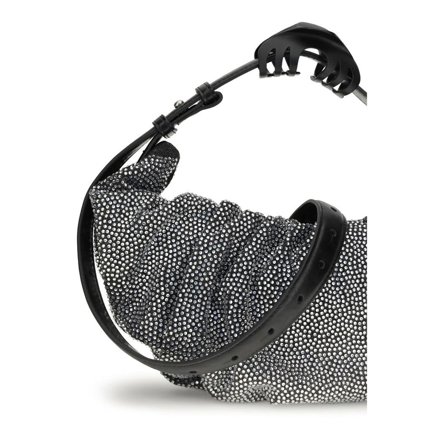 Silver Cotton Shoulder BagThe Grab-D Shoulder Bag by Diesel features a ruched silhouette made of black-wash denim embellished with reflective crystals that add a luminous touch. The belt handle with a hair clip is the distinctive detail that adds personal