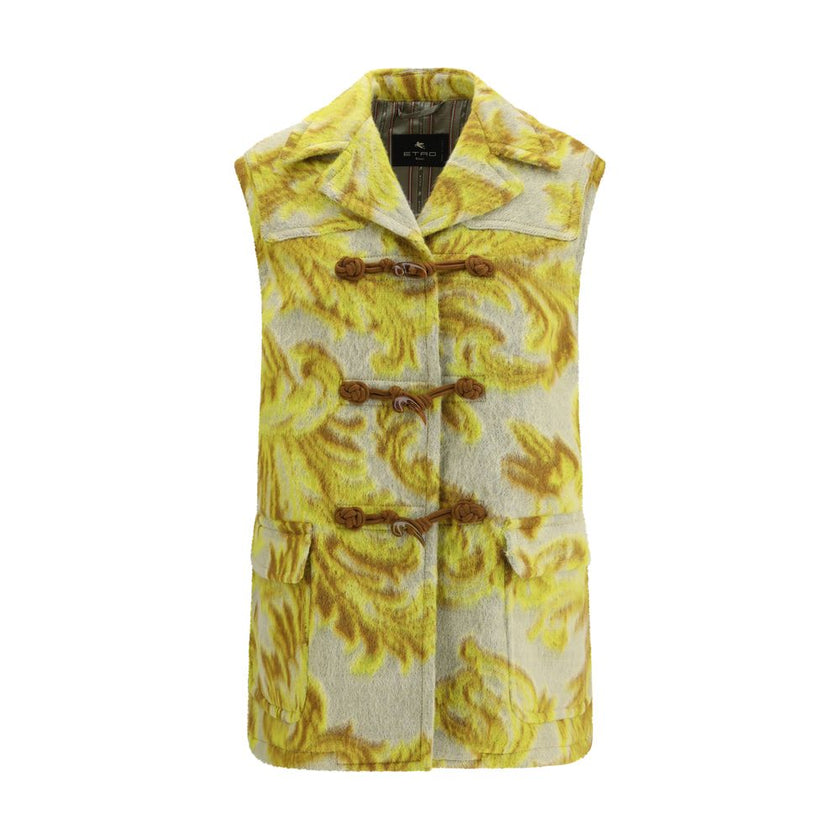 Yellow Wool Sleveless JacketThe Jacquard Wool-Blend Vest by Etro reinterprets the Montgomery style with artisanal elegance and distinctive character. Crafted from carded wool-blend cloth, it features a unique worn-in texture and a ramage jacquard pattern