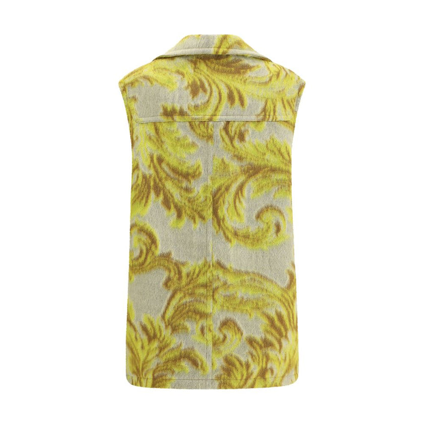 Yellow Wool Sleveless JacketThe Jacquard Wool-Blend Vest by Etro reinterprets the Montgomery style with artisanal elegance and distinctive character. Crafted from carded wool-blend cloth, it features a unique worn-in texture and a ramage jacquard pattern