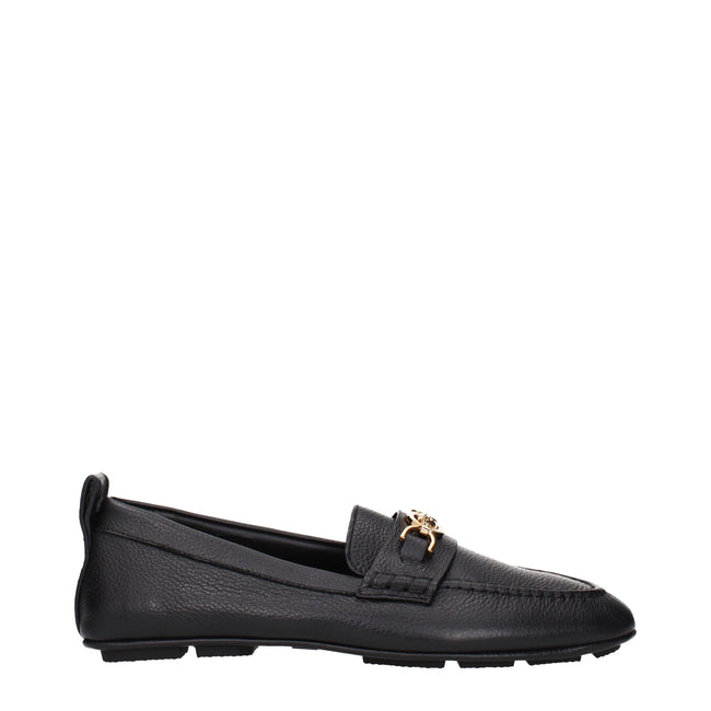 Black Leather Slip-On LoafersDescription: The product with MPN 10170721A121101B00V and code F84524 leather in black is a loafers designed by Versace. It has features like front logo. Additional Info: Style: Casual Shoe sole: Rubber Shoe tip: Round toe Hee