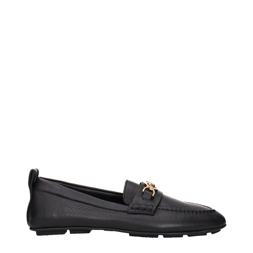 Black Leather Slip-On LoafersDescription: The product with MPN 10170721A121101B00V and code F84524 leather in black is a loafers designed by Versace. It has features like front logo. Additional Info: Style: Casual Shoe sole: Rubber Shoe tip: Round toe Hee
