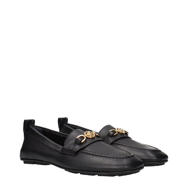 Black Leather Slip-On LoafersDescription: The product with MPN 10170721A121101B00V and code F84524 leather in black is a loafers designed by Versace. It has features like front logo. Additional Info: Style: Casual Shoe sole: Rubber Shoe tip: Round toe Hee