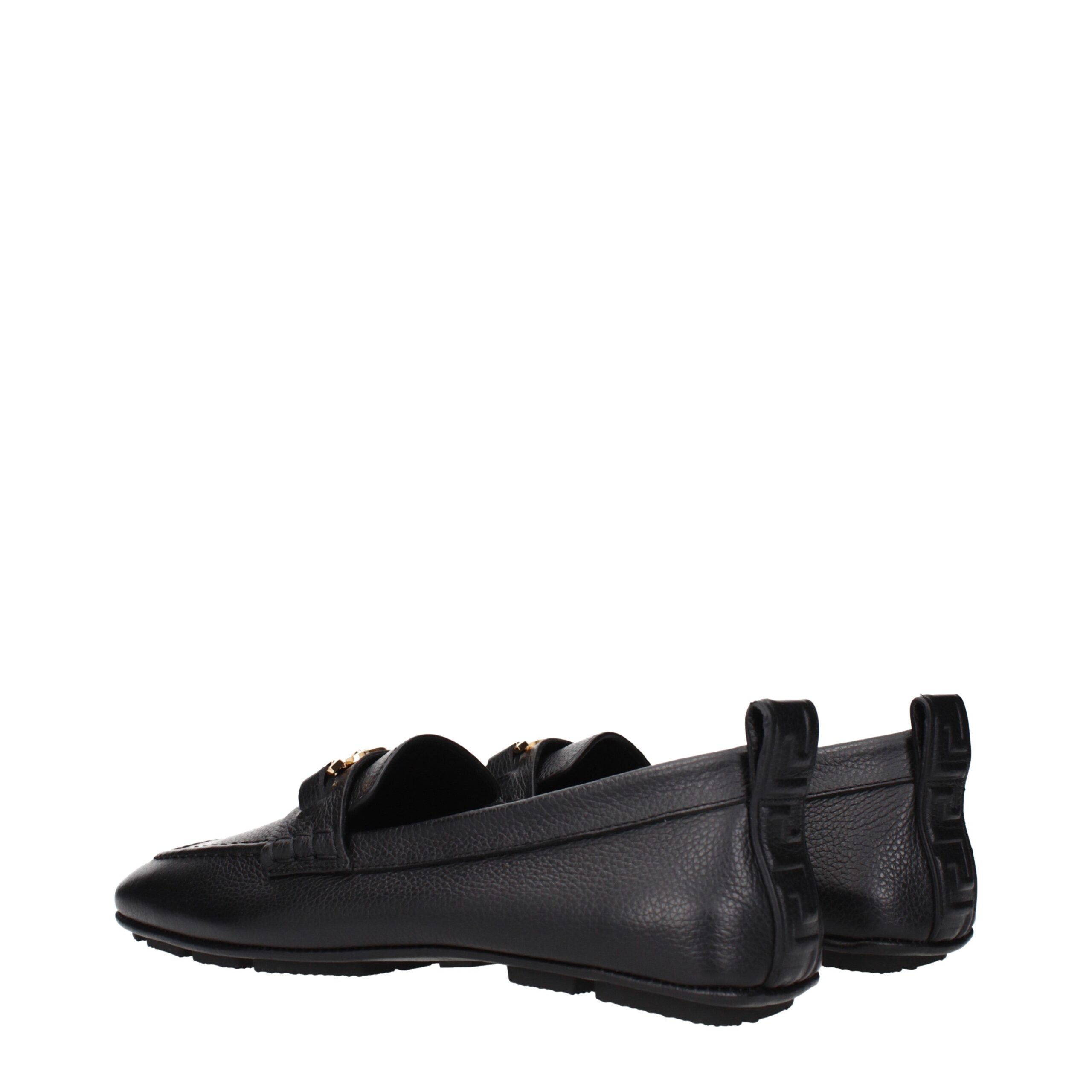 Black Leather Slip-On LoafersDescription: The product with MPN 10170721A121101B00V and code F84524 leather in black is a loafers designed by Versace. It has features like front logo. Additional Info: Style: Casual Shoe sole: Rubber Shoe tip: Round toe Hee