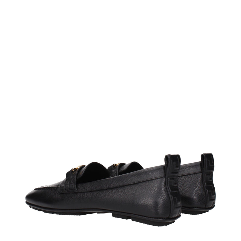 Black Leather Slip-On LoafersDescription: The product with MPN 10170721A121101B00V and code F84524 leather in black is a loafers designed by Versace. It has features like front logo. Additional Info: Style: Casual Shoe sole: Rubber Shoe tip: Round toe Hee