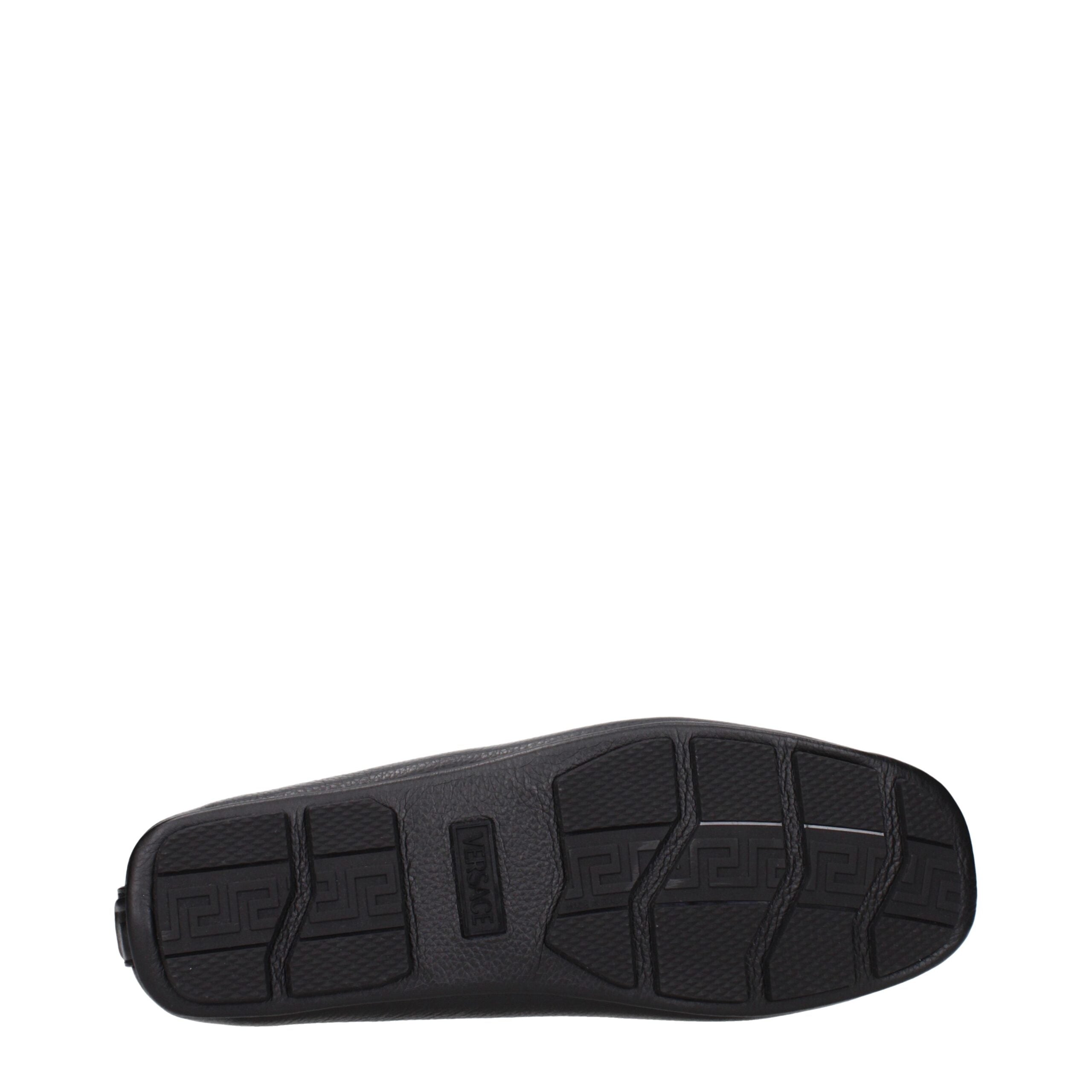 Black Leather Slip-On LoafersDescription: The product with MPN 10170721A121101B00V and code F84524 leather in black is a loafers designed by Versace. It has features like front logo. Additional Info: Style: Casual Shoe sole: Rubber Shoe tip: Round toe Hee