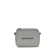 Gray Calf Leather Bos Taurus Shoulder BagSilver Calf XS Everyday Camera Shoulder Bag by Balenciaga, all covered by silver glittered, featuring printed logo on front, zip closure, adjustable shoulder strap, flat pocket at back, large flat pocket inside. Se