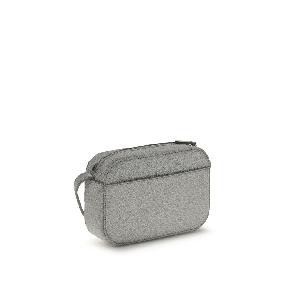 Gray Calf Leather Bos Taurus Shoulder BagSilver Calf XS Everyday Camera Shoulder Bag by Balenciaga, all covered by silver glittered, featuring printed logo on front, zip closure, adjustable shoulder strap, flat pocket at back, large flat pocket inside. Se