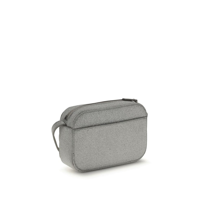 Gray Calf Leather Bos Taurus Shoulder BagSilver Calf XS Everyday Camera Shoulder Bag by Balenciaga, all covered by silver glittered, featuring printed logo on front, zip closure, adjustable shoulder strap, flat pocket at back, large flat pocket inside. Se