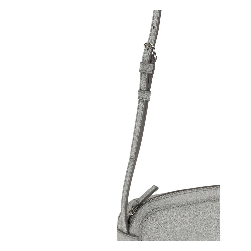 Gray Calf Leather Bos Taurus Shoulder BagSilver Calf XS Everyday Camera Shoulder Bag by Balenciaga, all covered by silver glittered, featuring printed logo on front, zip closure, adjustable shoulder strap, flat pocket at back, large flat pocket inside. Se