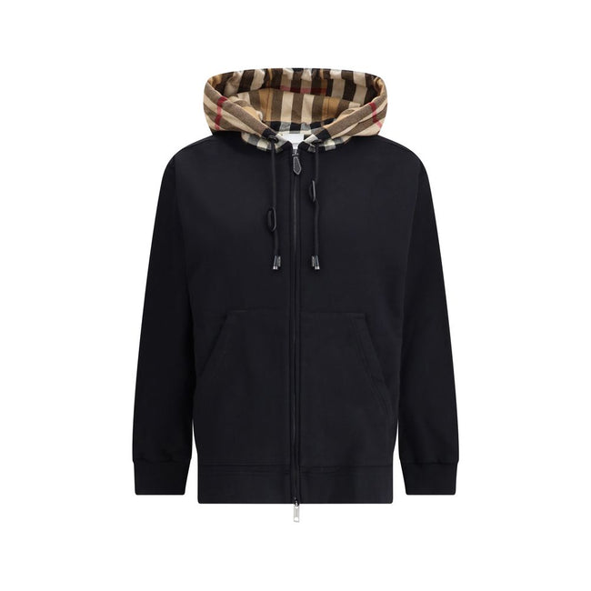 Black Cotton Sweatshirtthe Burberry Cotton Blend Sweatshirt with contrasting Burberry Check hood and calfskin leather details. Featuring a drawstring, kangaroo pockets and ribbed edges, with a relaxed fit for a distinctive casual look. Season: AW22 Fit: O