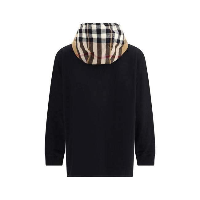 Black Cotton Sweatshirtthe Burberry Cotton Blend Sweatshirt with contrasting Burberry Check hood and calfskin leather details. Featuring a drawstring, kangaroo pockets and ribbed edges, with a relaxed fit for a distinctive casual look. Season: AW22 Fit: O