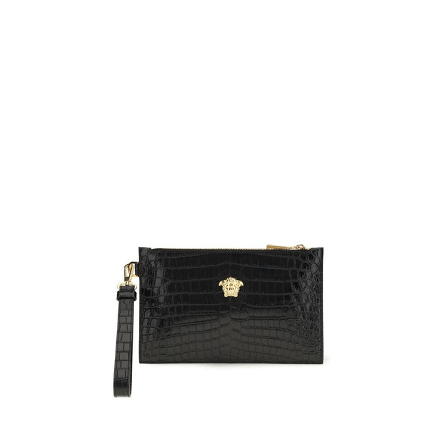 Black Calf Leather Bos Taurus WalletVersace’s crocodile-print Pouch is a sophisticated and gritty accessory. Featuring a top zipper closure, it features a removable side leather puller that allows it to be carried comfortably by hand. The golden Medusa lo