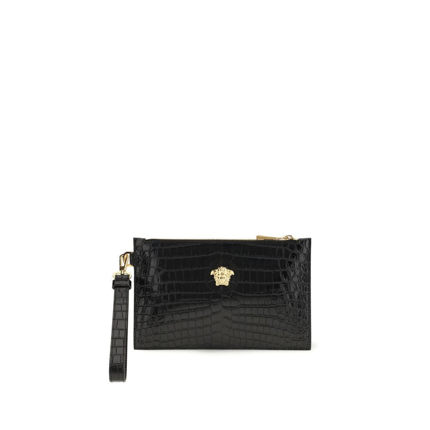 Black Calf Leather Bos Taurus WalletVersace’s crocodile-print Pouch is a sophisticated and gritty accessory. Featuring a top zipper closure, it features a removable side leather puller that allows it to be carried comfortably by hand. The golden Medusa lo