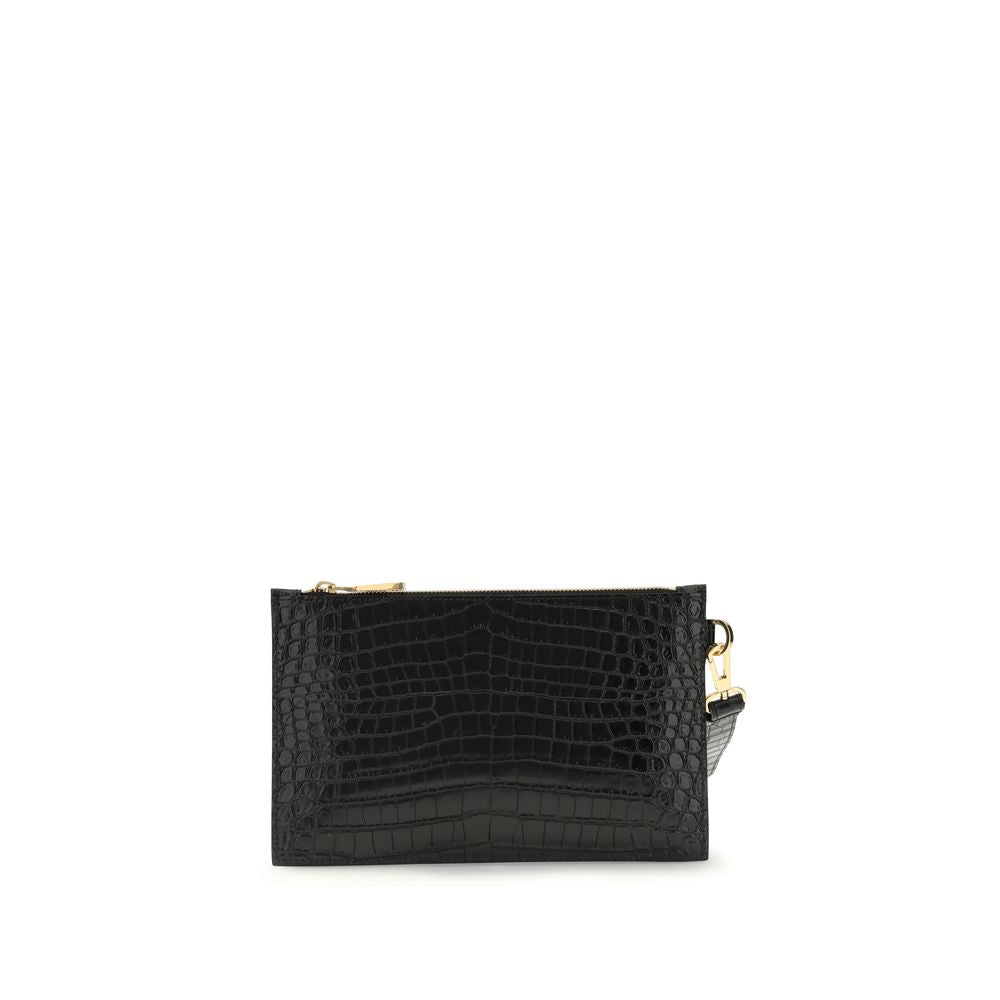 Black Calf Leather Bos Taurus WalletVersace’s crocodile-print Pouch is a sophisticated and gritty accessory. Featuring a top zipper closure, it features a removable side leather puller that allows it to be carried comfortably by hand. The golden Medusa lo