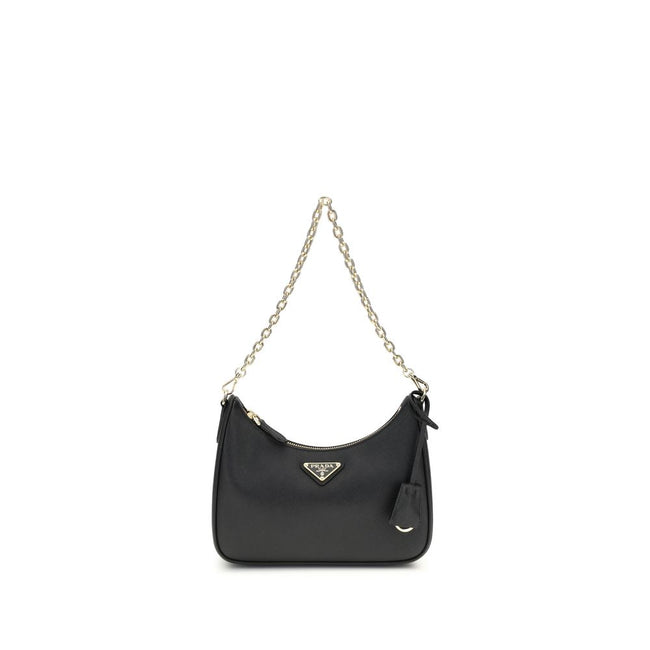 Black Recycled Polyamide Shoulder BagThe 2005 Re-Edition Shoulder Bag by Prada is made of Saffiano leather, with an elegant logoed triangle on the front and a removable leather accessory with key ring. Equipped with a metal chain handle and adjustable ton
