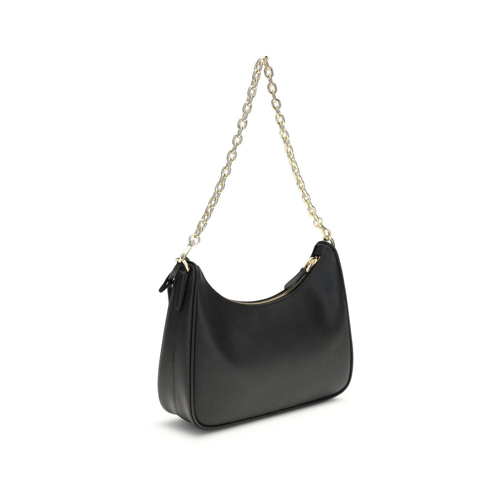 Black Recycled Polyamide Shoulder BagThe 2005 Re-Edition Shoulder Bag by Prada is made of Saffiano leather, with an elegant logoed triangle on the front and a removable leather accessory with key ring. Equipped with a metal chain handle and adjustable ton
