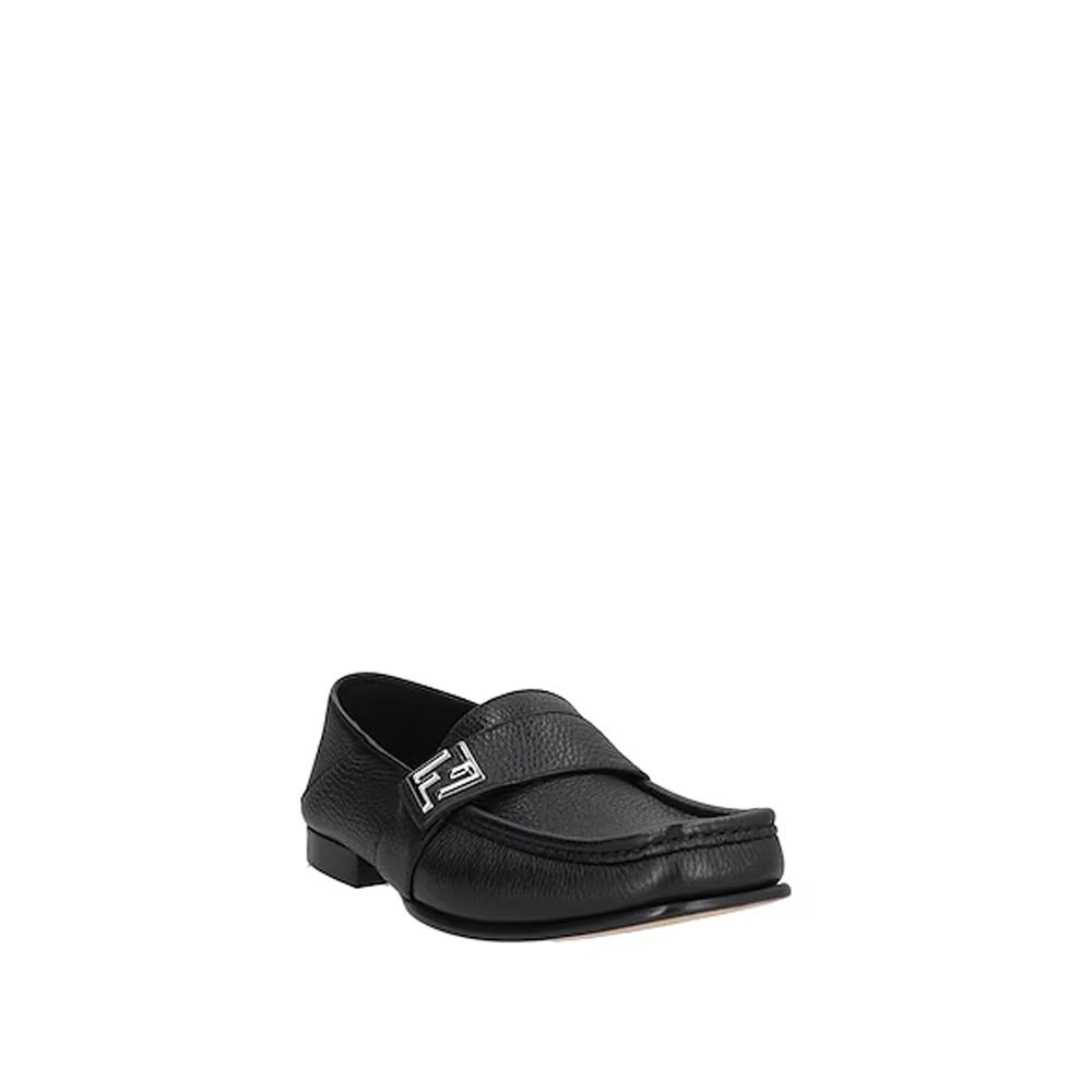 Black Calfskin Slip-On LoafersDescription: – Composition: 100% calf leather – Inner: Leather – Insole: Leather – Sole: Leather – Textured leather – Square toe – Branded insole – Silver-tone metal logo detail – Made in Italy – Gender: MEN –Black Calfskin S
