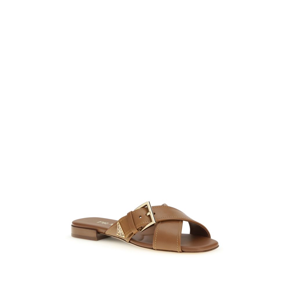Brown Calf Leather Bos Taurus Flat SandalsThe leather Sandals by Prada combine elegance and modernity in an essential yet distinctive design. The buckled crisscross straps enhance the foot with balance and sophistication, while the micro block heel offers