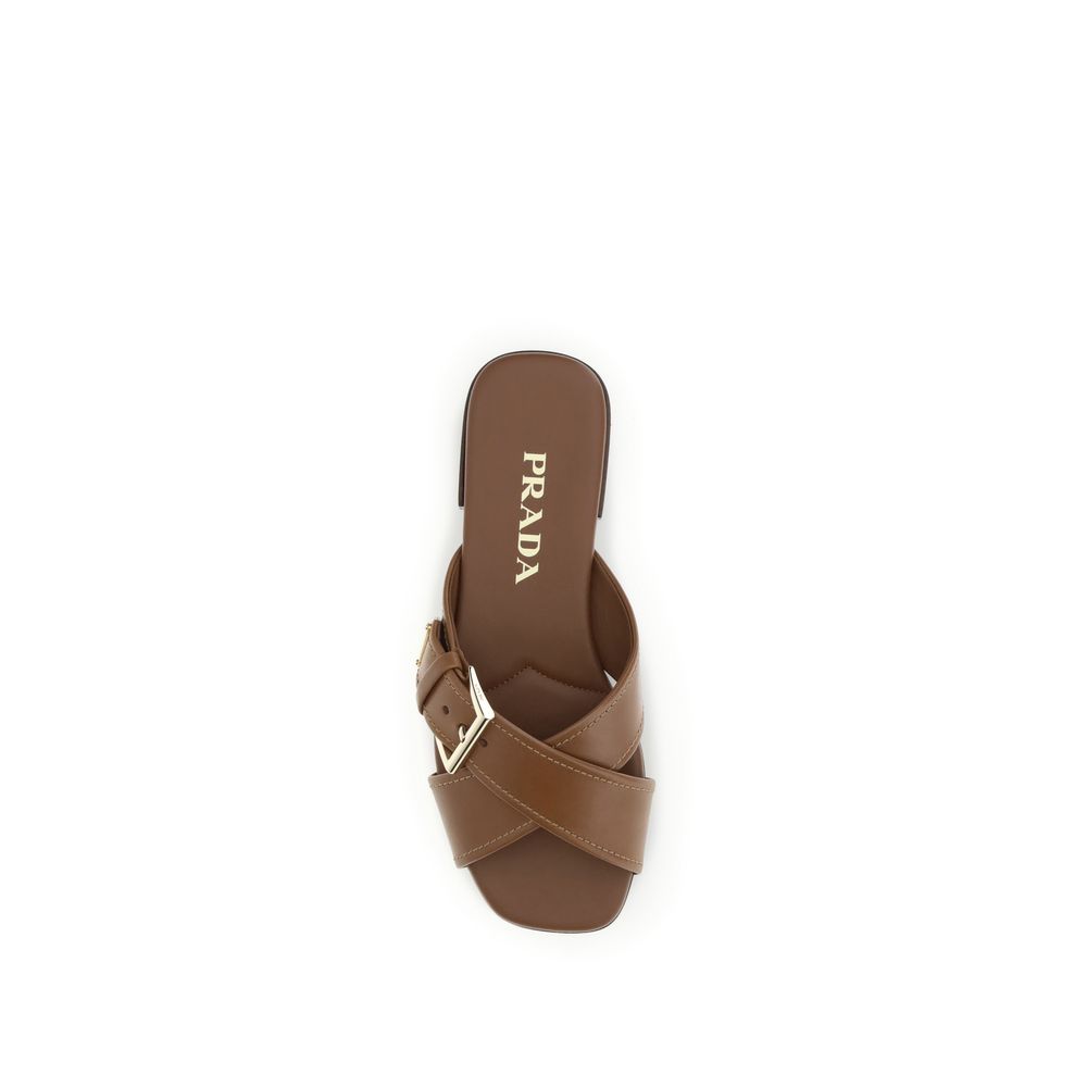 Brown Calf Leather Bos Taurus Flat SandalsThe leather Sandals by Prada combine elegance and modernity in an essential yet distinctive design. The buckled crisscross straps enhance the foot with balance and sophistication, while the micro block heel offers
