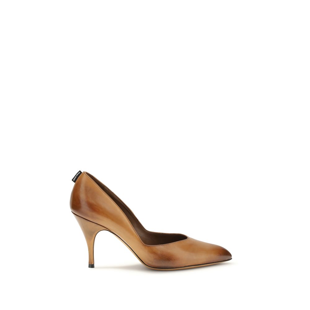Beige Calf Leather Bos Taurus High Heel PumpsThe Miu Miu leather heels are crafted from vintage-effect leather, giving them a timeless and sophisticated charm. The design is enhanced by a branded label on the heel, an iconic detail that highlights the mai