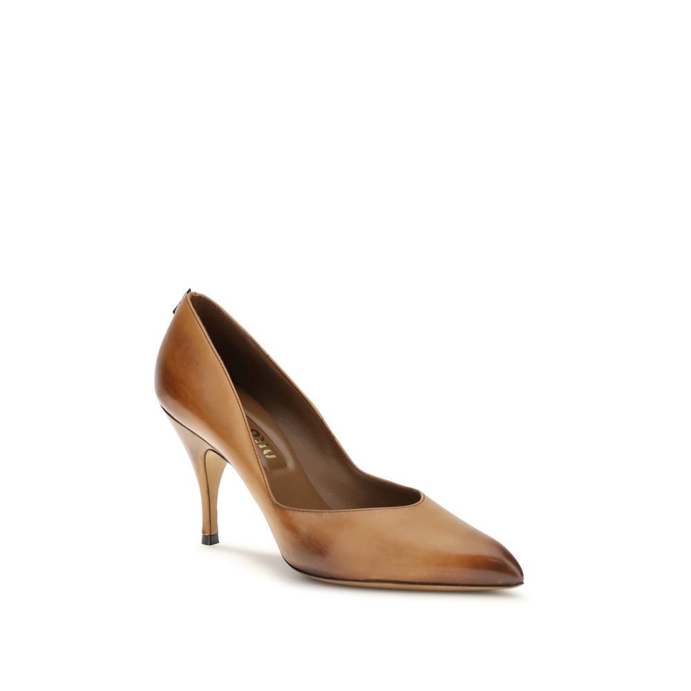 Beige Calf Leather Bos Taurus High Heel PumpsThe Miu Miu leather heels are crafted from vintage-effect leather, giving them a timeless and sophisticated charm. The design is enhanced by a branded label on the heel, an iconic detail that highlights the mai