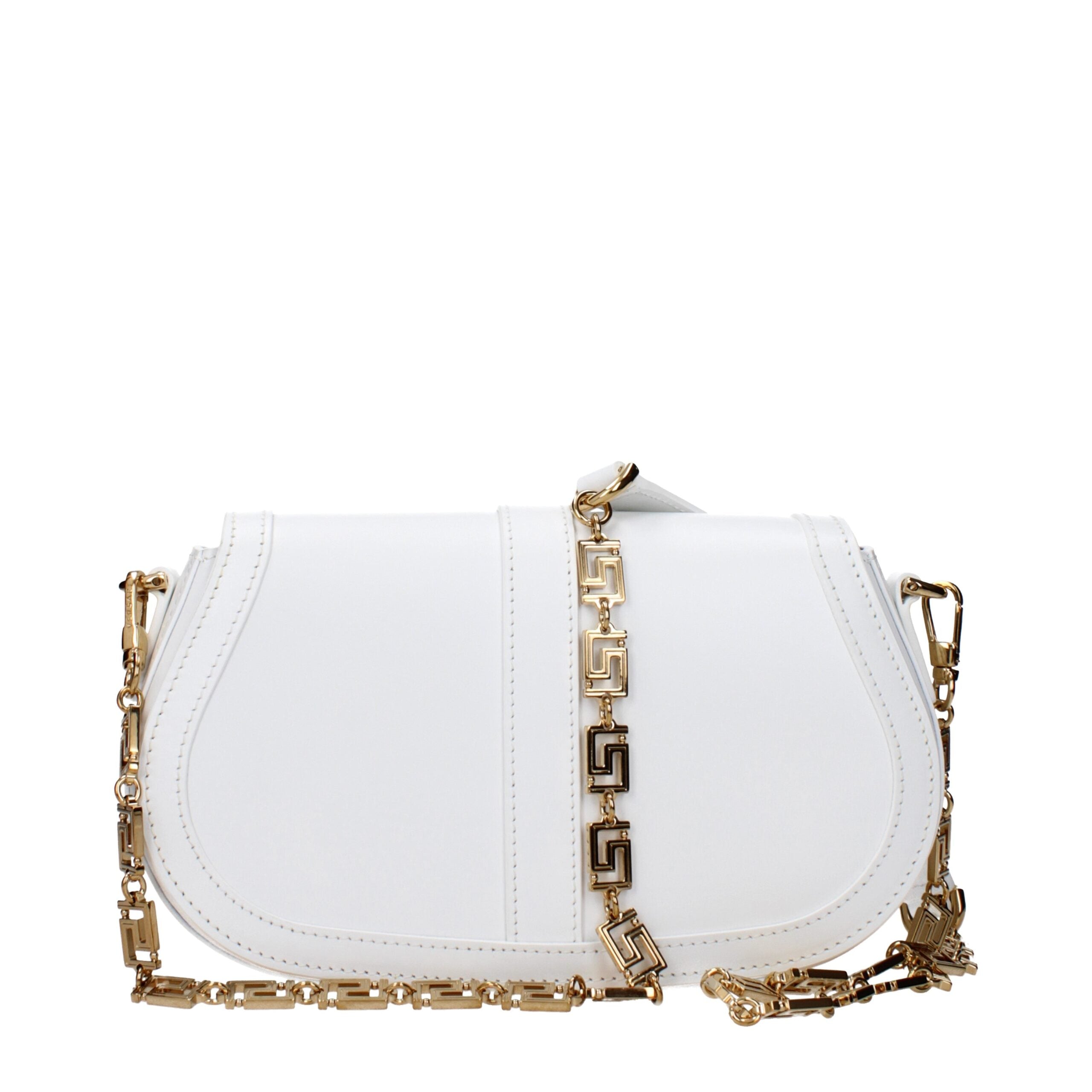 White Leather Crossbody BagDescription: The product with MPN 10071281A051341W00V and code F80291 leather in white is a crossbody bags designed by Versace. It has features like front logo, adjustable shoulder, removable shoulder. Additional Info: Style: St