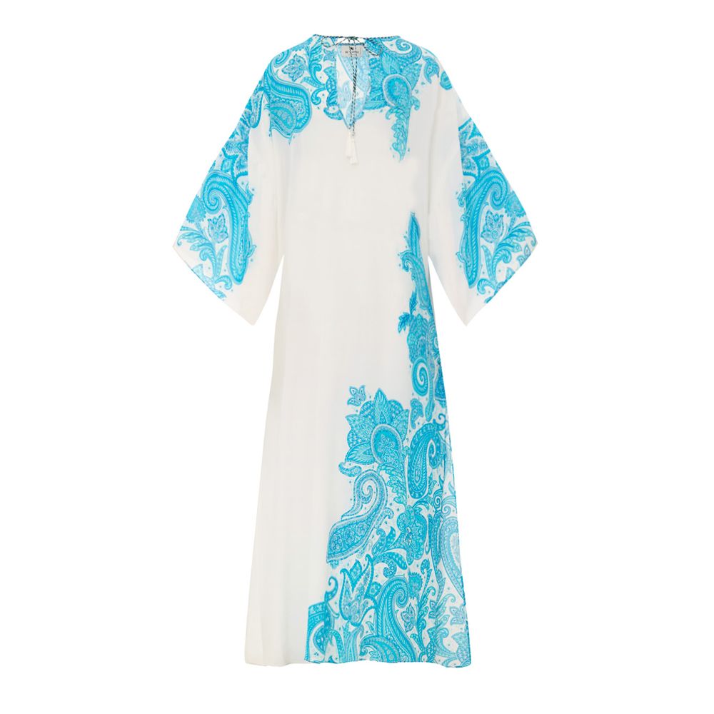 White Viscose Casual DressWhite and Blue Kaftan with Etro Print. In soft viscose with iconic Etro allover print, V-neck closed with lace, wide sleeve, two side welt pockets, side slits. Loose fit Composition: 100% Viscose Internal SKU: 25GIU120 Brand SKU: