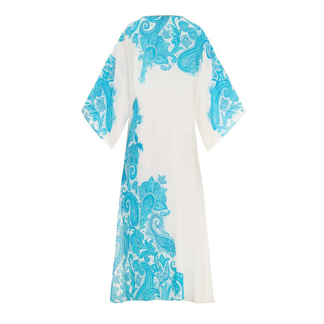 White Viscose Casual DressWhite and Blue Kaftan with Etro Print. In soft viscose with iconic Etro allover print, V-neck closed with lace, wide sleeve, two side welt pockets, side slits. Loose fit Composition: 100% Viscose Internal SKU: 25GIU120 Brand SKU: