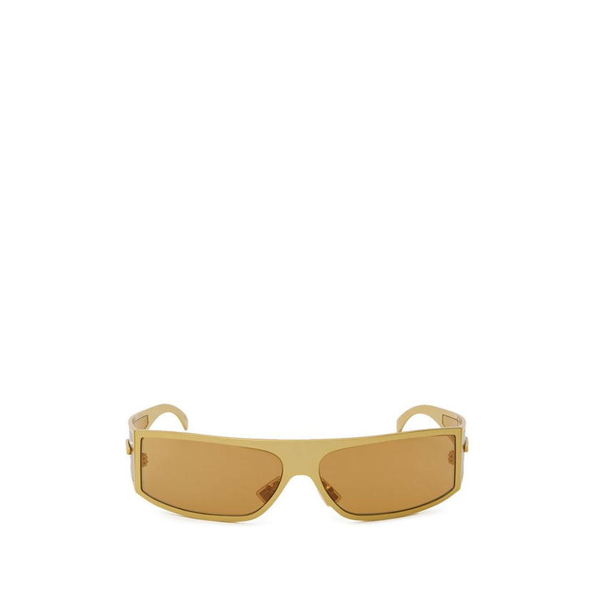 Gold Metal SunglassesBottega Veneta Gold Metal Wraparound Sunglasses. Rectangular wraparound gold metal frame, ochre lenses, and temple details. Composition: Metal Internal SKU: 25AGO37 Brand SKU: 769241V44501431Gold Metal Sunglasses${tagsBottega VenetaGo