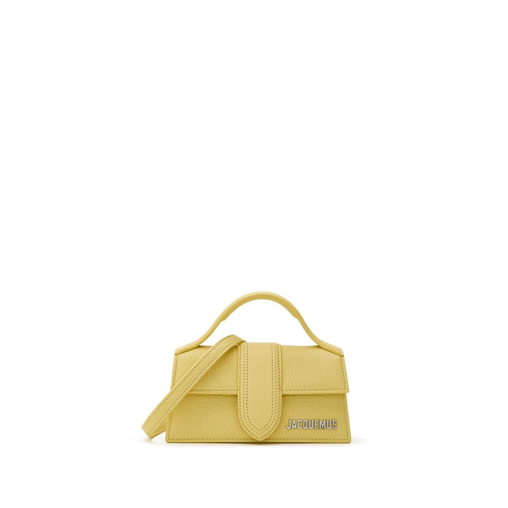 Yellow Leather HandbagJacquemus Yellow Hammered Leather Le Mini Bambino Bag. Shoulder bag with adjustable and removable shoulder strap, single handle, front opening with flap and covered magnetic button, single internal compartment and pocket, silver meta