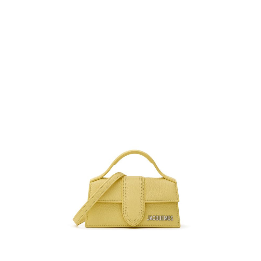 Yellow Leather HandbagJacquemus Yellow Hammered Leather Le Mini Bambino Bag. Shoulder bag with adjustable and removable shoulder strap, single handle, front opening with flap and covered magnetic button, single internal compartment and pocket, silver meta