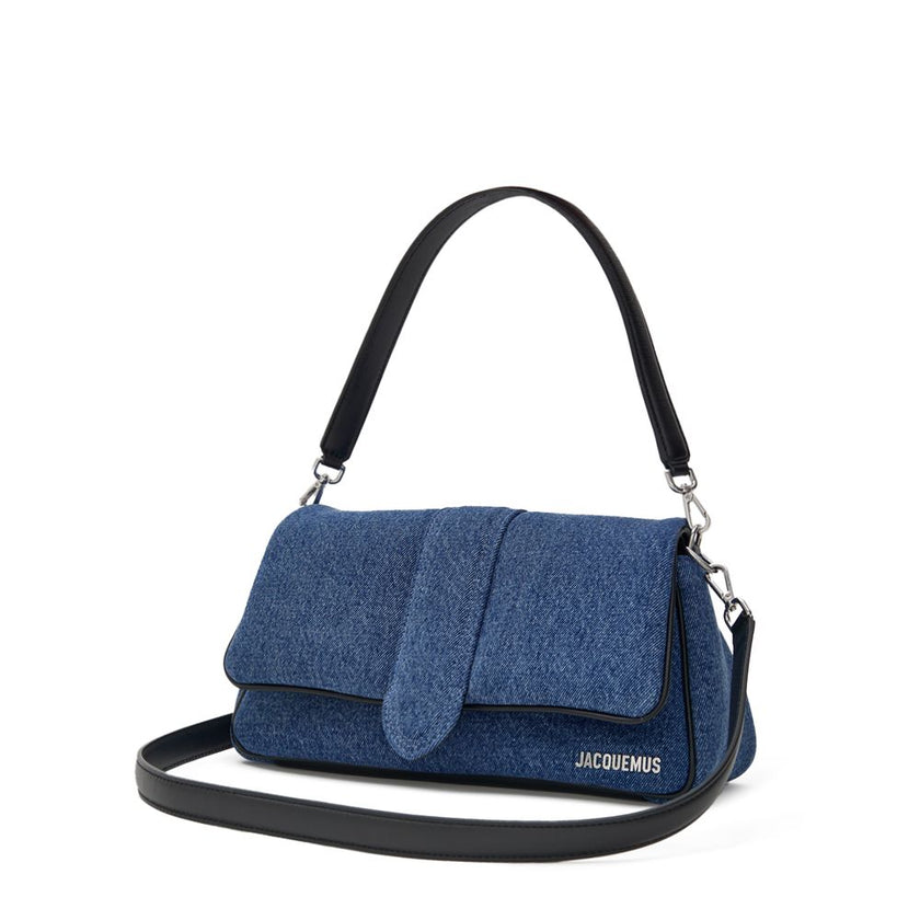 Blue Cotton HandbagJacquemus Bambimou Cotton Denim and Leather Shoulder Bag. Flap opening with a covered snap button, single compartment with an internal pocket, adjustable and removable leather shoulder strap, and an external patch pocket on the back. Bl