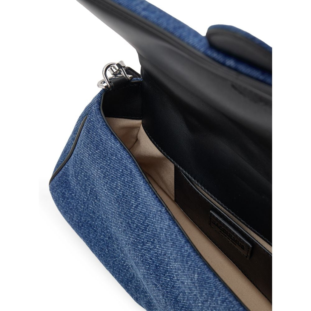 Blue Cotton HandbagJacquemus Bambimou Cotton Denim and Leather Shoulder Bag. Flap opening with a covered snap button, single compartment with an internal pocket, adjustable and removable leather shoulder strap, and an external patch pocket on the back. Bl