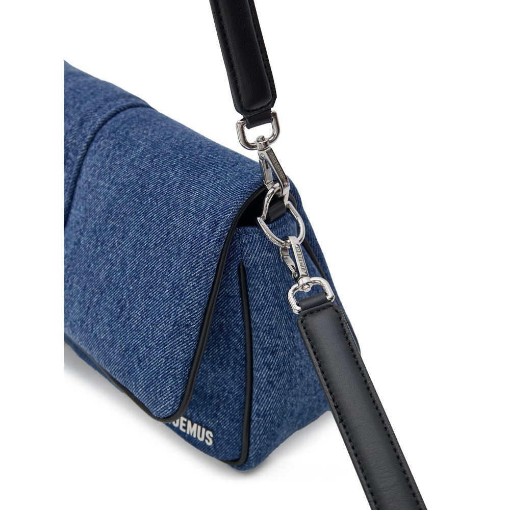 Blue Cotton HandbagJacquemus Bambimou Cotton Denim and Leather Shoulder Bag. Flap opening with a covered snap button, single compartment with an internal pocket, adjustable and removable leather shoulder strap, and an external patch pocket on the back. Bl