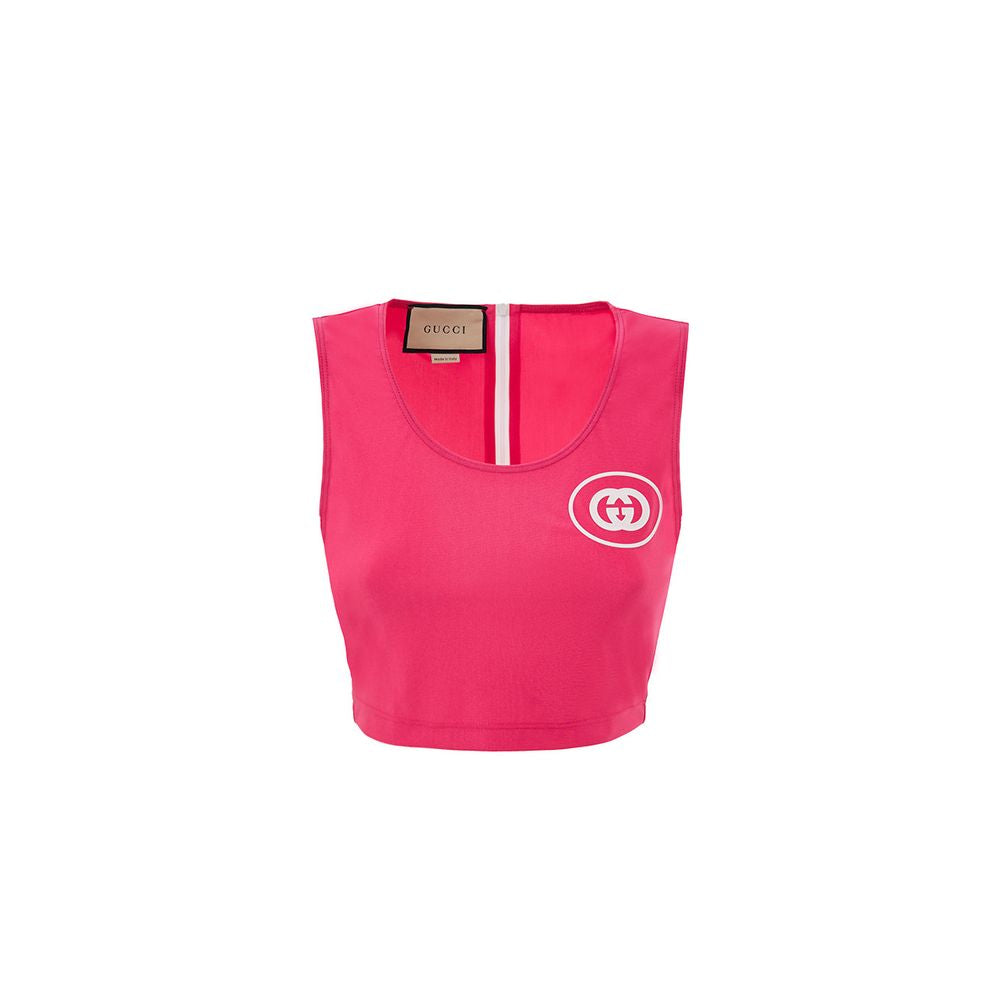 Fuchsia Polyamide Tank TopsGucci Technical Fabric Cropped Top in Fuchsia. In stretch technical fabric, deep round neckline, sleeveless, contrasting white rubberized logo on the side, white half-zip back closure, cropped length. Composition: 80% Polyamide,