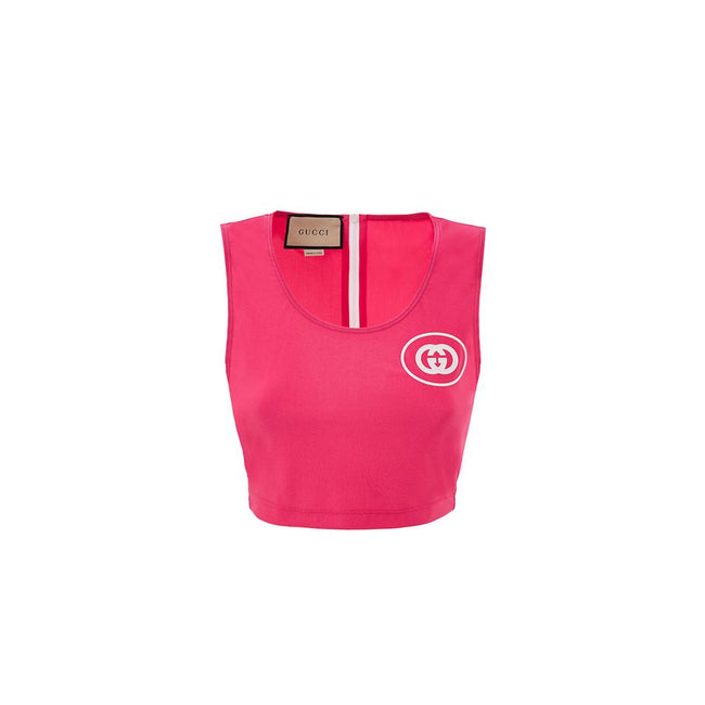 Fuchsia Polyamide Tank TopsGucci Technical Fabric Cropped Top in Fuchsia. In stretch technical fabric, deep round neckline, sleeveless, contrasting white rubberized logo on the side, white half-zip back closure, cropped length. Composition: 80% Polyamide,