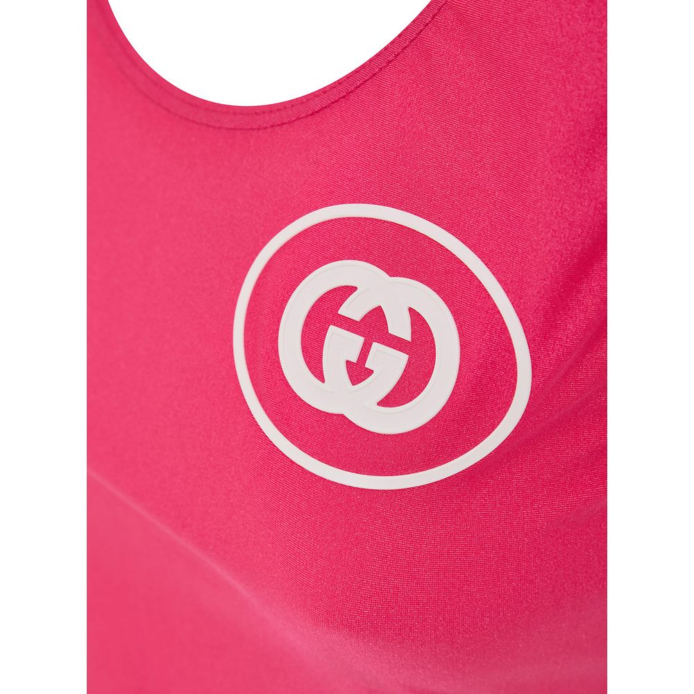 Fuchsia Polyamide Tank TopsGucci Technical Fabric Cropped Top in Fuchsia. In stretch technical fabric, deep round neckline, sleeveless, contrasting white rubberized logo on the side, white half-zip back closure, cropped length. Composition: 80% Polyamide,