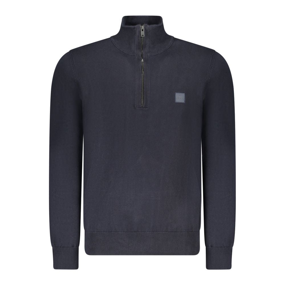 Blue Cotton Men SweaterElevate your style quotient with this sumptuously soft Hugo Boss sweater. A perfect blend of practicality and luxury, this long-sleeved knit features a sleek half-zip front and an iconic applique logo for a touch of class. Crafted w