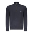 Blue Cotton Men SweaterElevate your style quotient with this sumptuously soft Hugo Boss sweater. A perfect blend of practicality and luxury, this long-sleeved knit features a sleek half-zip front and an iconic applique logo for a touch of class. Crafted w