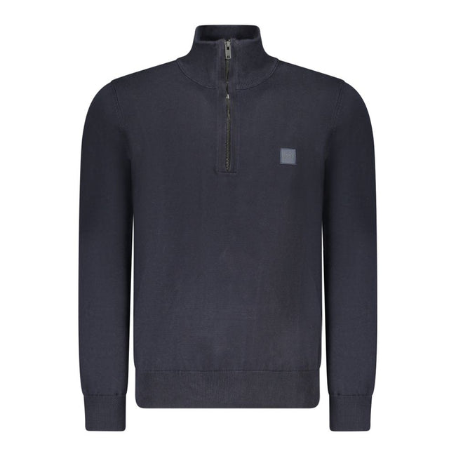 Blue Cotton Men SweaterElevate your style quotient with this sumptuously soft Hugo Boss sweater. A perfect blend of practicality and luxury, this long-sleeved knit features a sleek half-zip front and an iconic applique logo for a touch of class. Crafted w