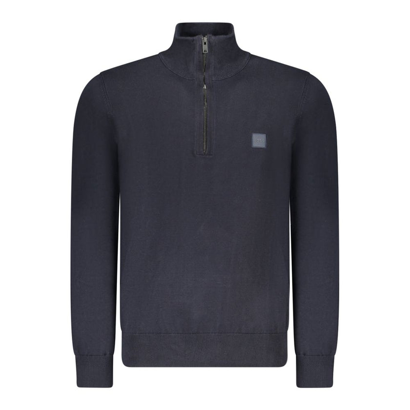 Blue Cotton Men SweaterElevate your style quotient with this sumptuously soft Hugo Boss sweater. A perfect blend of practicality and luxury, this long-sleeved knit features a sleek half-zip front and an iconic applique logo for a touch of class. Crafted w